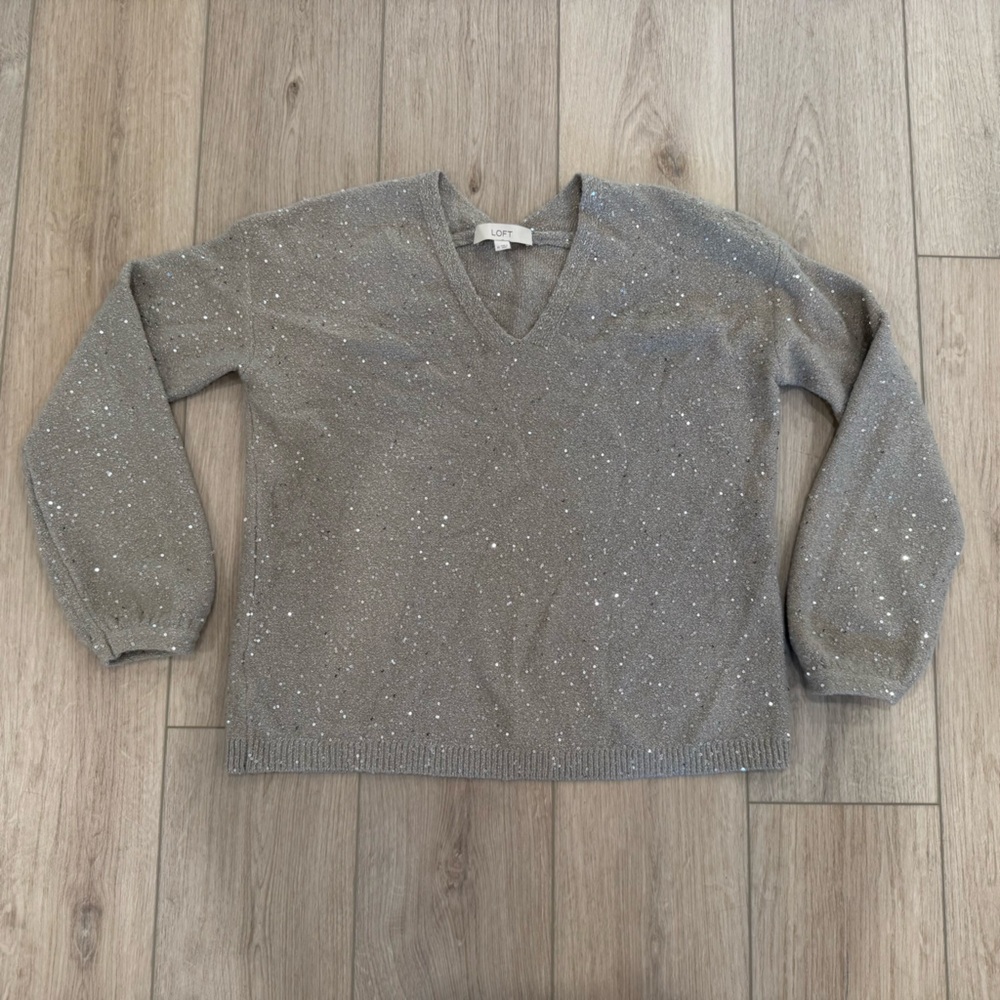LOFT - Women's Sparkle Grey V-Neck Sweater - Size M